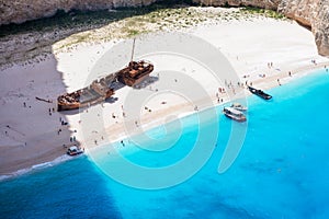 Closeup view to the famous shipwreck beach Navagios, Zakynthos, Ionian islands, Greece
