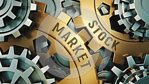 Closeup view of two golden cogwheels with the words: stock market, Business concept. Gear mechanism. 3d illustration