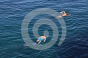 Closeup view of two men snorkeling in the sea
