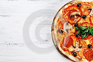 CLOSEUP view VERY HOT Italian Pizza. Prosciutto, Capricciosa, Funghi, Cotto HOMEMADE PIZZA. PIZZA ITALIAN, HOMEMADE PIZZA, PIZZA, photo