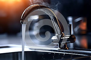 Closeup view of water tap with hot steam