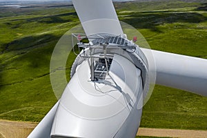 Closeup view of Wind Turbines on Windmill Energy Farm