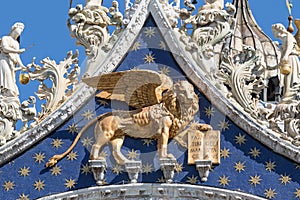 Closeup view of winged lion statue. Symbol of Venice.