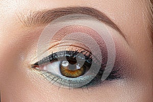 Closeup view of woman eye with evening makeup