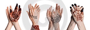Closeup view of women with tattoo on hands against white background, collage. Traditional mehndi ornament