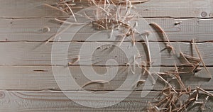 Closeup view of wood sawdust in carpenter workshop