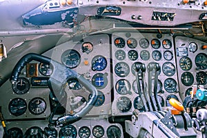 Closeup view of a yoke in old aircraft.