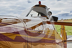 Closeup view of Zlin Z-37 Cmelak agricultural airplane from outside made in Czechoslovakia.