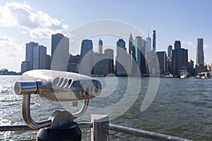 Viewfinder along the East River in Brooklyn Heights with a View of the Lower Manhattan Skyline in New York City