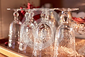 Closeup of vintage crystal glassware on the buffet, ready to host holiday get together