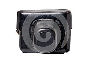 Closeup of a vintage film camera in a black leather case or cover isolated on a white background. Clipping path. Leather bag to