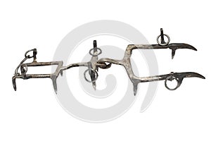 Closeup vintage retro mountaineering crampons white background