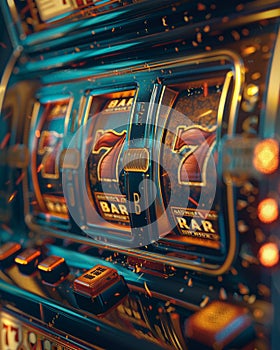 Closeup of a vintage slot machine, warm filter, soft focus , 3D render