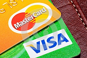 Closeup of Visa and Mastercard credit cards.