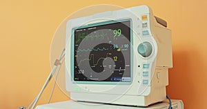 Closeup vital signs monitor turned on, during the surgery on the dog in veterinary hospital Shows active functions