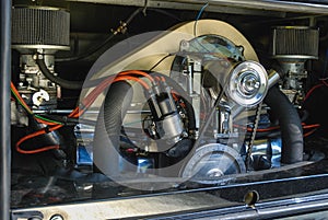 Closeup of a volkswagen bus classic car engine