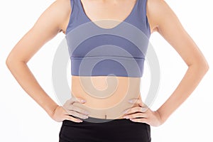 Closeup waist and abdomen of asian woman beautiful with slim isolated on white background.