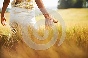 Closeup, walking or back of woman in a field for freedom in the countryside in spring to relax on break. Hands, wellness