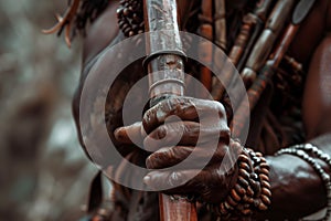 closeup of a warriors hands gripping a traditional staff weapon