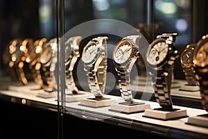 Closeup of watches elegantly showcased in glass display case. Generative AI photo