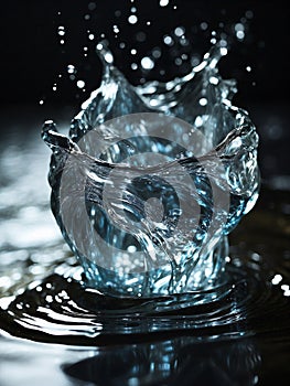 Closeup of water droplet on black surface splash splashing, captured with flash, beauty and fluidity of water hydro