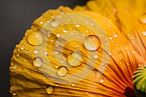 closeup of water droplets on a golden poppy petal