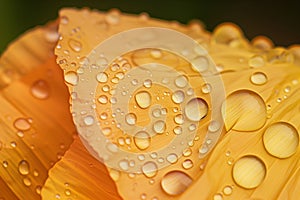 closeup of water droplets on a golden poppy petal