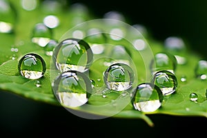 Closeup water drops leaf. Generate Ai