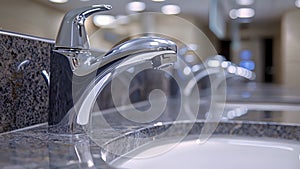 Closeup of a watersaving faucet with a motion sensor automatically turning off when not in use and reducing water