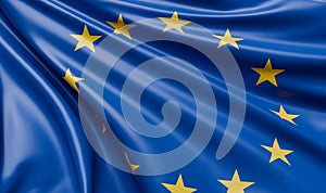 Closeup of Waving Europe Flag Satin Fabric - 3D Illustration