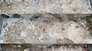 A closeup of a weathered concrete step showing the smooth faded surface and a few stray weeds poking through the cracks