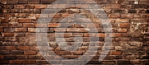 Closeup of a weathered stone wall built with brown bricks and mortar