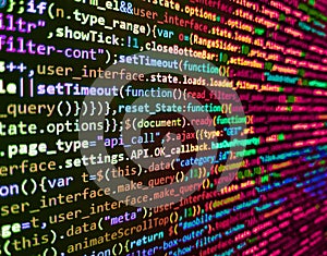 Closeup of Web Code on Computer LED Screen. Developer working on program codes in office. Screen of web developing javascript code