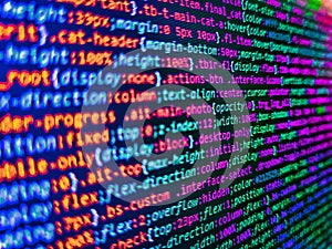 Closeup of Web Code on Computer LED Screen. Modern tech. Developer working on program codes in office. Programmer developer screen