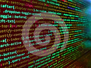 Closeup of Web Code on Computer LED Screen. Programming code abstract technology background of software developer and Computer