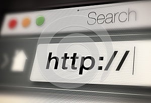 Closeup, web and url of search bar on computer screen for information, worldwide surfing and server. Homepage, html and