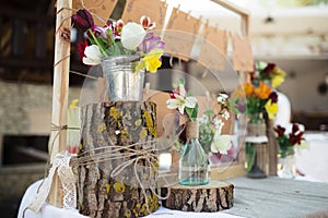 Closeup of the wedding decoration elements in rustic style