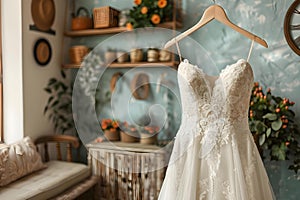 Closeup of a wedding dress in a bridal room with copy space. Concept Wedding Dress, Bridal Room,