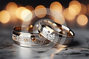 Closeup of wedding rings on a glittering bokeh background with space for text