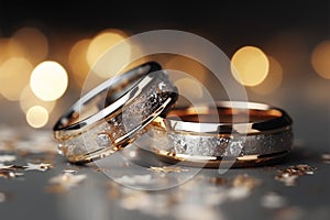 Closeup of wedding rings on a glittering bokeh background with space for text