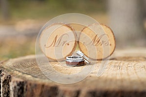 Closeup of the wedding rings with the \