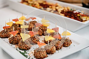 Closeup of wedding table decorations with dessert on the plate