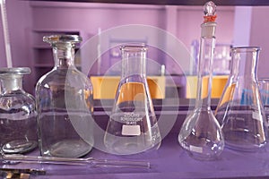 Closeup of Well arranged lab glassware or empty glass tubes at Empty Science laboratory in university college
