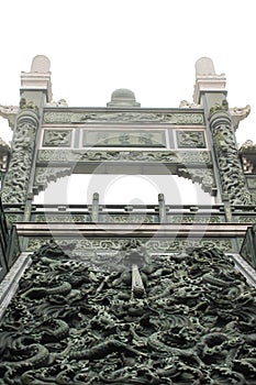 Closeup of Wen wu Temple with fog in taiwan
