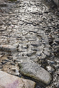 Closeup or wet cobblestone road, Puerto Vallarta, Mexico