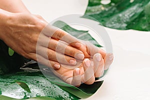 Closeup of wet female hands with moisturized oily skin