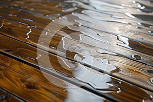 closeup of wet hardwood floor warping and buckling