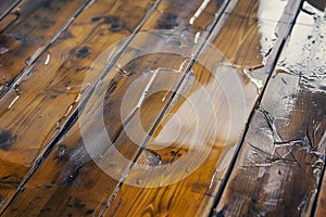 closeup of wet hardwood floor warping and buckling