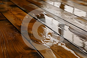 closeup of wet hardwood floor warping and buckling photo