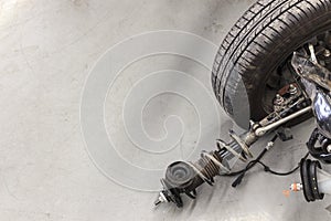 Closeup wheels and shock absorbers